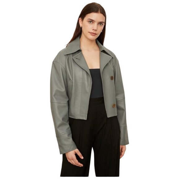 Vince Lambskin Cropped Leather Flight Jacket Muted Gray XXS Qversized New W Tags - Picture 11 of 11